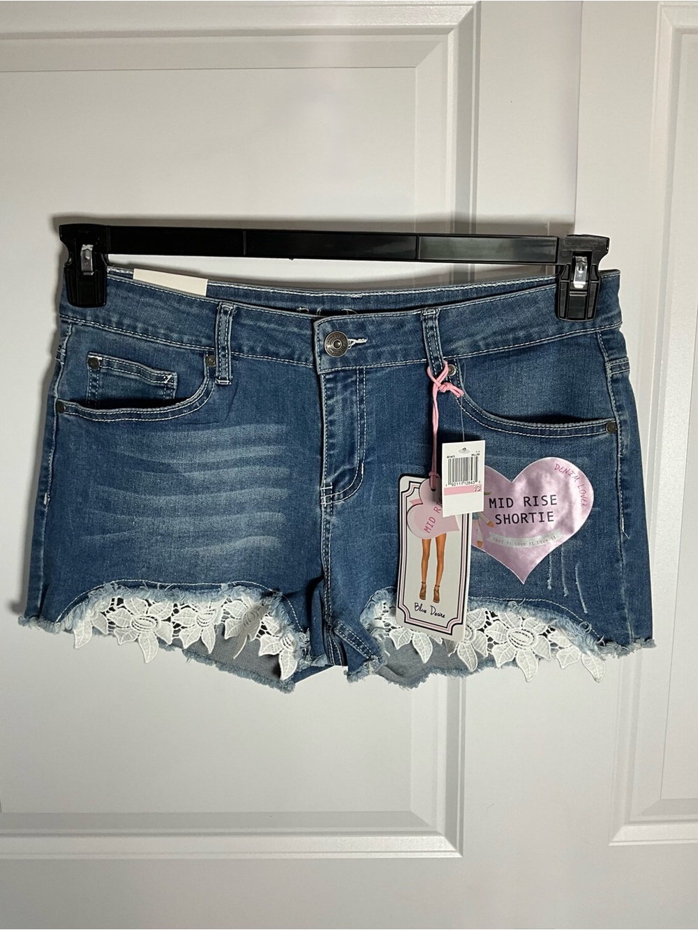 Blue Desire Shorts Size 13 Mid-Rise Denim Shortie Lace Trim Raw Edges
